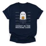 Technical schematic illustration of a ghost holding a jack-o-lantern with a tail of falling binary code on a Classic T-Shirt.