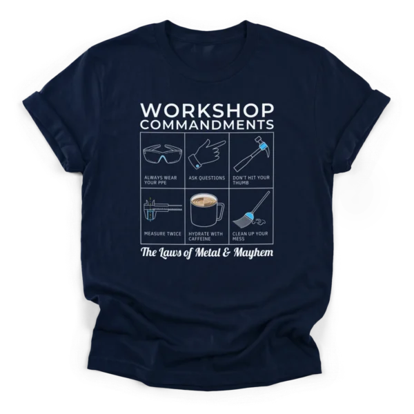 A 6-panel grid illustrating workshop rules like wearing PPE, measuring tools, and coffee, with text Laws of Metal & Mayhem on a Classic T-Shirt.