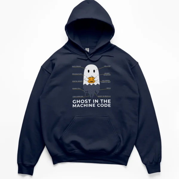 Technical schematic illustration of a ghost holding a jack-o-lantern with a tail of falling binary code on a Hoodie.