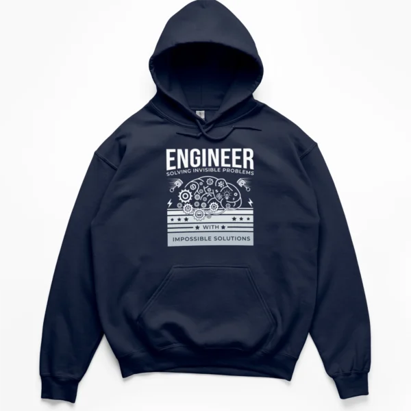 Line drawing of a brain made of gears and pistons with text Engineer Solving Invisible Problems With Impossible Solutions on a Hoodie.