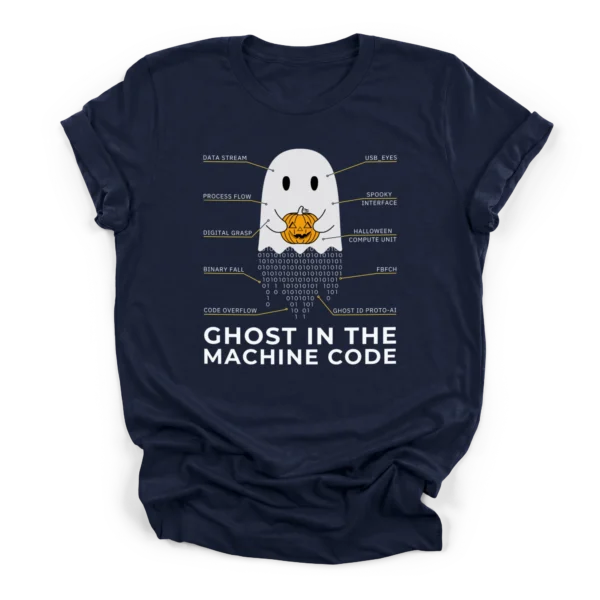 Technical schematic illustration of a ghost holding a jack-o-lantern with a tail of falling binary code on a Premium T-Shirt.