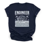 Line drawing of a brain made of gears and pistons with text Engineer Solving Invisible Problems With Impossible Solutions on a Premium T-Shirt.