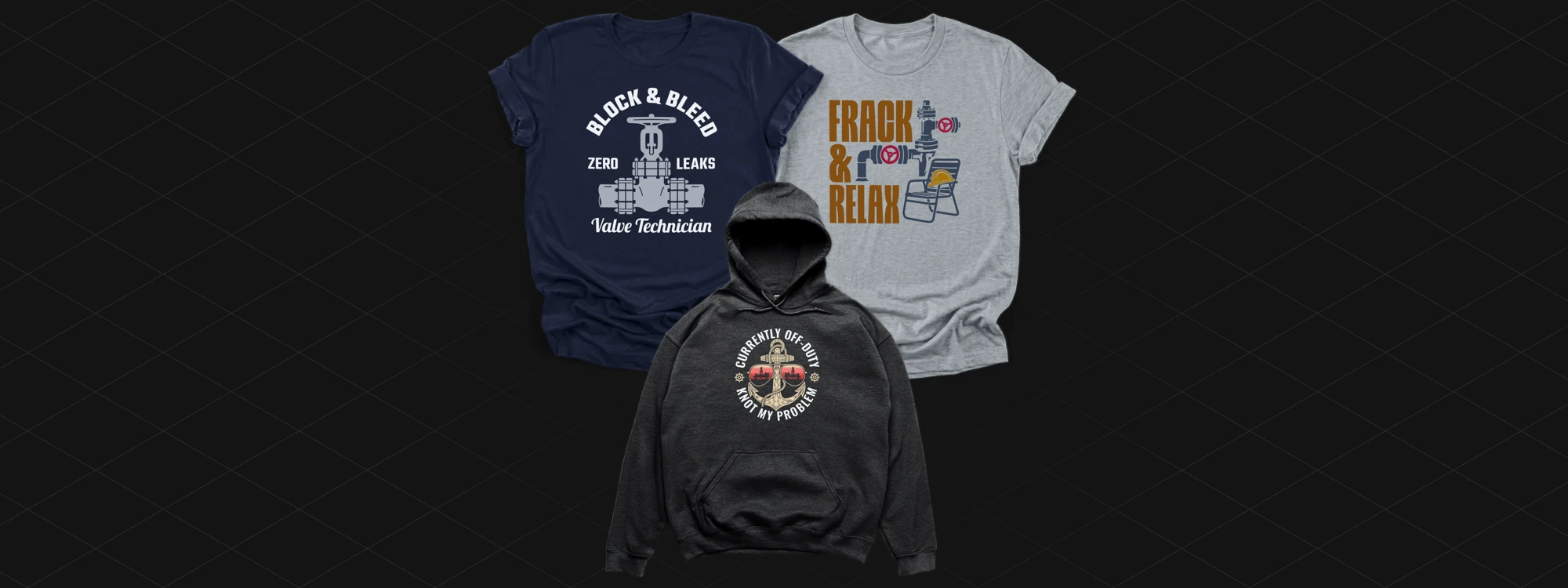Three garment mockups featuring Block and Bleed, Frac and Relax, and Currently Off Duty designs for the Petrochemical apparel collection