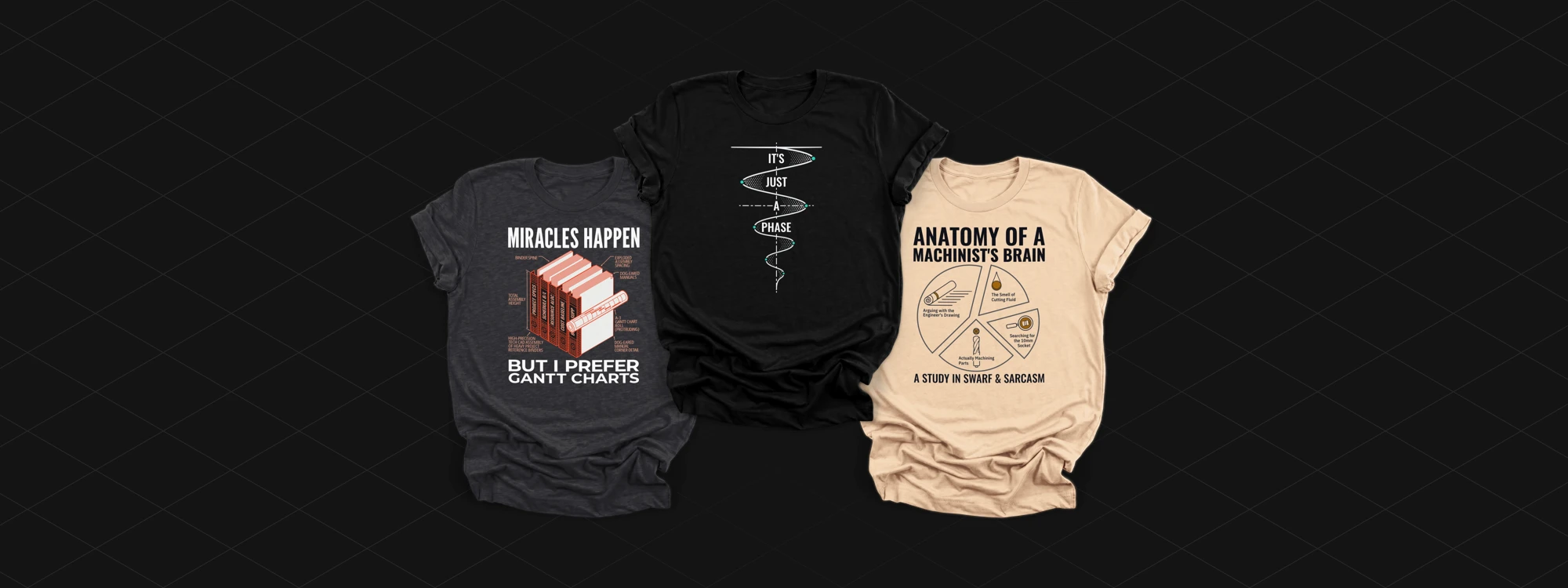 Three Bella+Canvas 3001 garment mockups featuring Miracles Happen But I Prefer Gantt Charts, It’s Just a Phase, and Anatomy of a Machinist's Brain designs for the Premium T-Shirts apparel category
