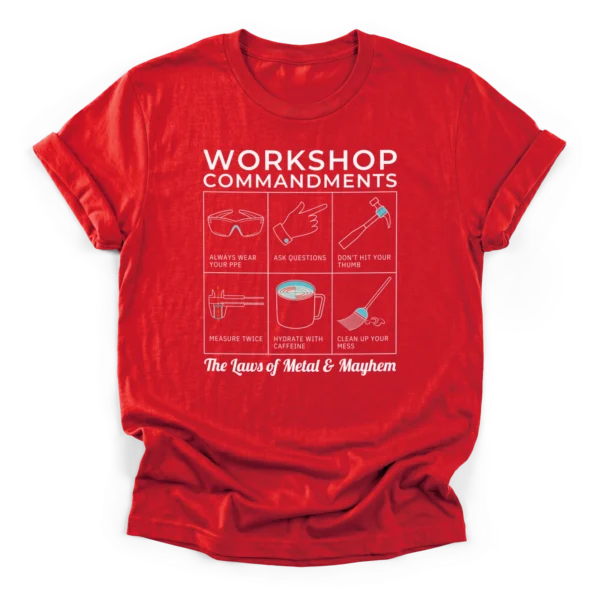 A 6-panel grid illustrating workshop rules like wearing PPE, measuring tools, and coffee, with text Laws of Metal & Mayhem on a Classic T-Shirt.