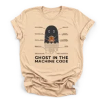 Technical schematic illustration of a ghost holding a jack-o-lantern with a tail of falling binary code on a Premium T-Shirt.