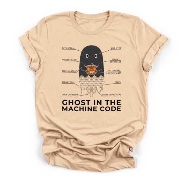 Technical schematic illustration of a ghost holding a jack-o-lantern with a tail of falling binary code on a Premium T-Shirt.