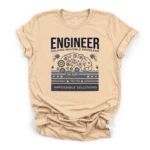 Line drawing of a brain made of gears and pistons with text Engineer Solving Invisible Problems With Impossible Solutions on a Premium T-Shirt.