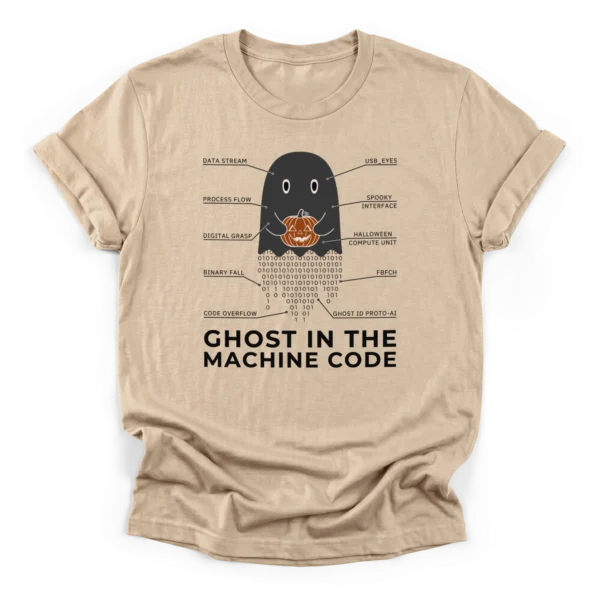 Technical schematic illustration of a ghost holding a jack-o-lantern with a tail of falling binary code on a Classic T-Shirt.