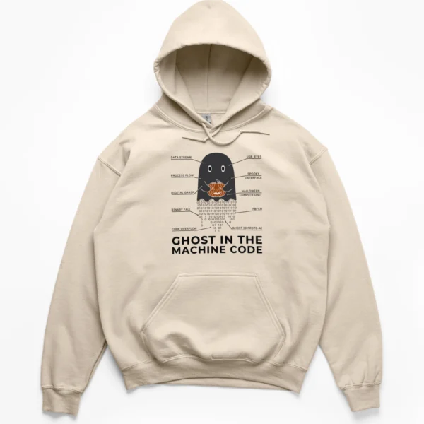 Technical schematic illustration of a ghost holding a jack-o-lantern with a tail of falling binary code on a Hoodie.