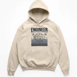 Line drawing of a brain made of gears and pistons with text Engineer Solving Invisible Problems With Impossible Solutions on a Hoodie.