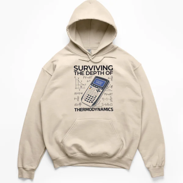 A graphing calculator displaying syntax error surrounded by thermodynamic equations like PV=nRT on a Hoodie.
