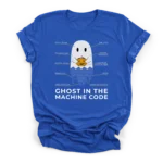 Technical schematic illustration of a ghost holding a jack-o-lantern with a tail of falling binary code on a Premium T-Shirt.