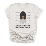 Technical schematic illustration of a ghost holding a jack-o-lantern with a tail of falling binary code on a Premium T-Shirt.