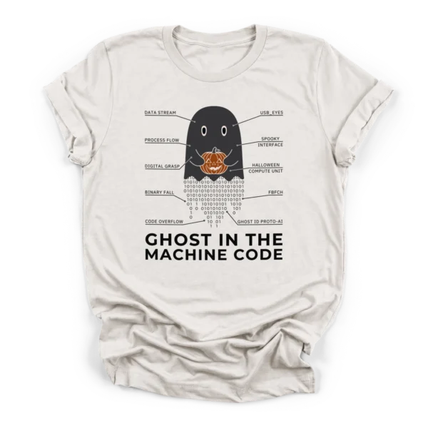 Technical schematic illustration of a ghost holding a jack-o-lantern with a tail of falling binary code on a Premium T-Shirt.