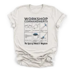 A 6-panel grid illustrating workshop rules like wearing PPE, measuring tools, and coffee, with text Laws of Metal & Mayhem on a Premium T-Shirt.