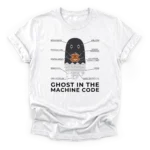 Technical schematic illustration of a ghost holding a jack-o-lantern with a tail of falling binary code on a Classic T-Shirt.