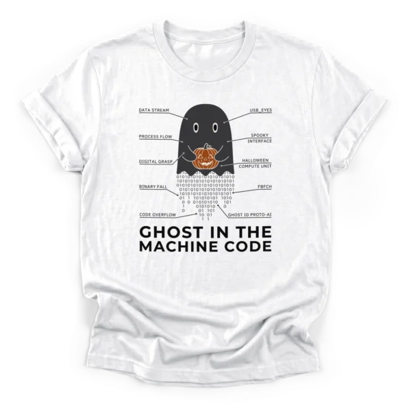 Technical schematic illustration of a ghost holding a jack-o-lantern with a tail of falling binary code on a Classic T-Shirt.