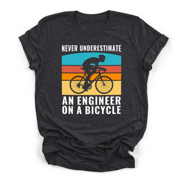 Distressed retro sunset graphic with a cyclist silhouette and text reading Never Underestimate An Engineer On A Bicycle on a Premium T-Shirt.