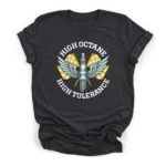 Vintage vector illustration of a winged spark plug over crossed checkered racing flags with text reading High Octane High Tolerance on a Premium T-Shirt.