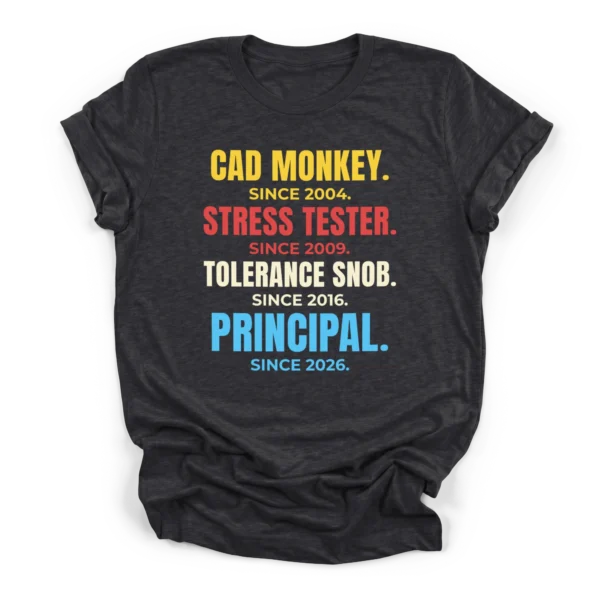 Distressed typographic career stack reading CAD MONKEY, STRESS TESTER, TOLERANCE SNOB, and PRINCIPAL with respective years on a Premium T-Shirt.