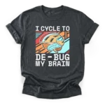 A stylized brain wearing a bicycle helmet over a geometric background with the text I cycle to de-bug my brain on a Classic T-Shirt.