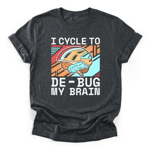 A stylized brain wearing a bicycle helmet over a geometric background with the text I cycle to de-bug my brain on a Classic T-Shirt.