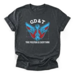 Symmetrical drafting wing graphic interlocked with a wrench featuring the text GD&T and True Position Is Everything on a Classic T-Shirt.