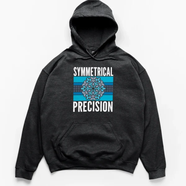 Retro graphic of a gear and wrench snowflake over stripes with text Symmetrical Precision on a Hoodie.