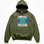 Retro graphic of a gear and wrench snowflake over stripes with text Symmetrical Precision on a Hoodie.