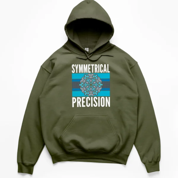 Retro graphic of a gear and wrench snowflake over stripes with text Symmetrical Precision on a Hoodie.