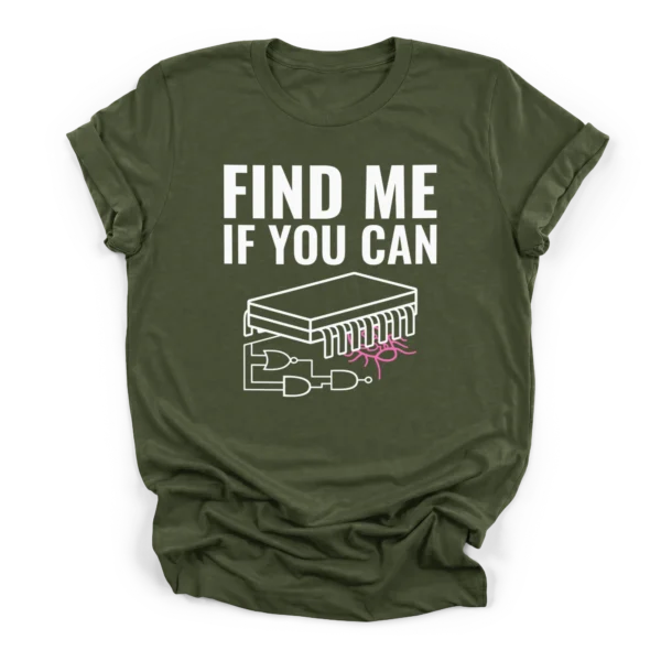 Distressed vintage illustration of a printed circuit board with a logic gate bug and text FIND ME IF YOU CAN on a Premium T-Shirt.