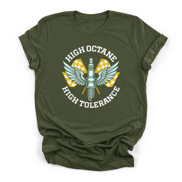 Vintage vector illustration of a winged spark plug over crossed checkered racing flags with text reading High Octane High Tolerance on a Premium T-Shirt.
