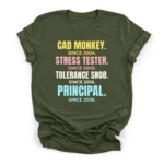Distressed typographic career stack reading CAD MONKEY, STRESS TESTER, TOLERANCE SNOB, and PRINCIPAL with respective years on a Premium T-Shirt.