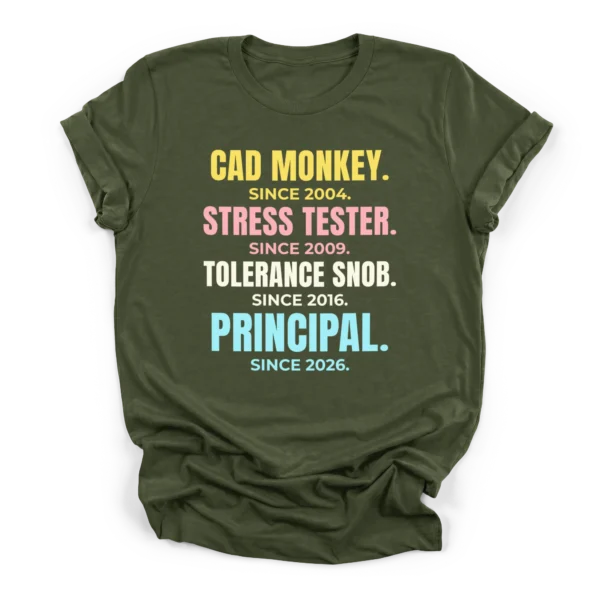 Distressed typographic career stack reading CAD MONKEY, STRESS TESTER, TOLERANCE SNOB, and PRINCIPAL with respective years on a Premium T-Shirt.