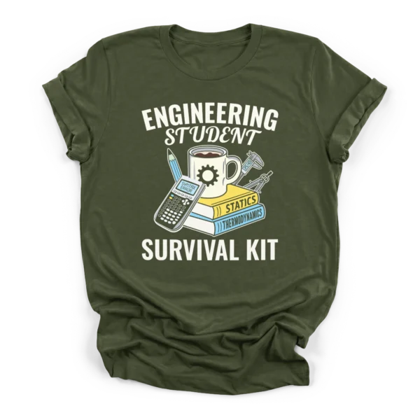 Vector illustration of an engineering student survival kit featuring coffee, calculator, calipers, and textbooks on a Premium T-Shirt.