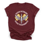 Vintage vector illustration of a winged spark plug over crossed checkered racing flags with text reading High Octane High Tolerance on a Premium T-Shirt.