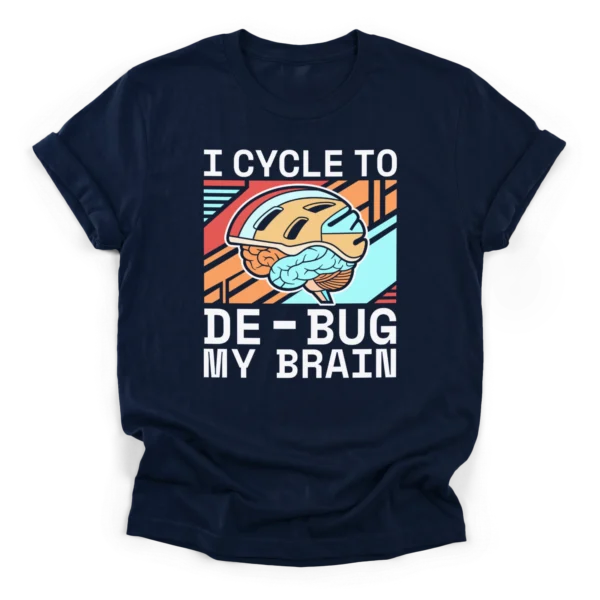 A stylized brain wearing a bicycle helmet over a geometric background with the text I cycle to de-bug my brain on a Classic T-Shirt.