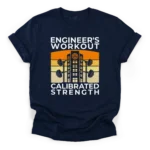 Retro sunset graphic with a skyscraper and loaded barbells, featuring the text Engineers Workout and Calibrated Strength on a Classic T-Shirt.