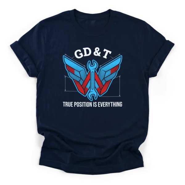 Symmetrical drafting wing graphic interlocked with a wrench featuring the text GD&T and True Position Is Everything on a Classic T-Shirt.