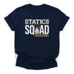 Statics Squad typography with a structural pulley graphic, downward force arrows, and hashtag sum of moments on a Classic T-Shirt.