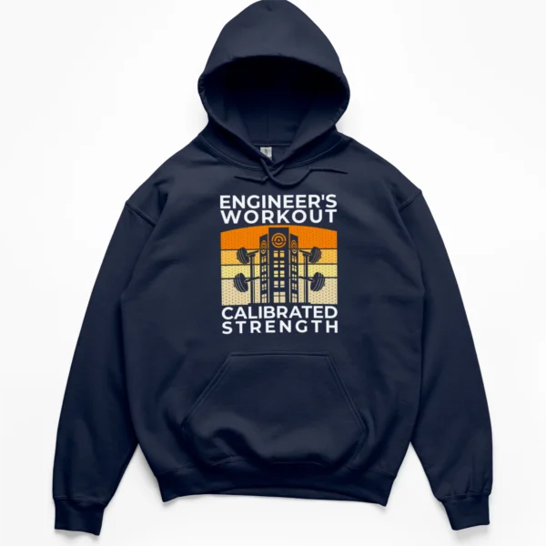 Retro sunset graphic with a skyscraper and loaded barbells, featuring the text Engineers Workout and Calibrated Strength on a Hoodie.