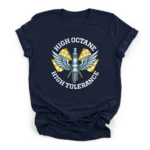 Vintage vector illustration of a winged spark plug over crossed checkered racing flags with text reading High Octane High Tolerance on a Premium T-Shirt.