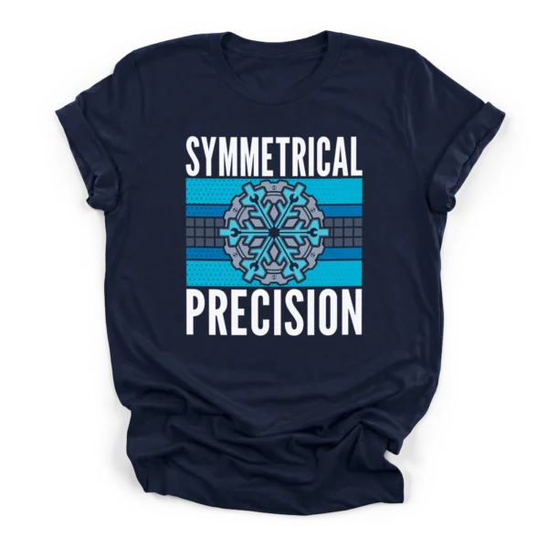 Retro graphic of a gear and wrench snowflake over stripes with text Symmetrical Precision on a Premium T-Shirt.