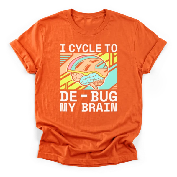 A stylized brain wearing a bicycle helmet over a geometric background with the text I cycle to de-bug my brain on a Classic T-Shirt.
