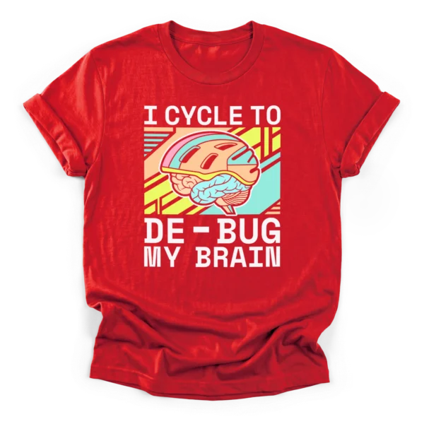 A stylized brain wearing a bicycle helmet over a geometric background with the text I cycle to de-bug my brain on a Classic T-Shirt.