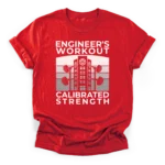 Retro sunset graphic with a skyscraper and loaded barbells, featuring the text Engineers Workout and Calibrated Strength on a Classic T-Shirt.