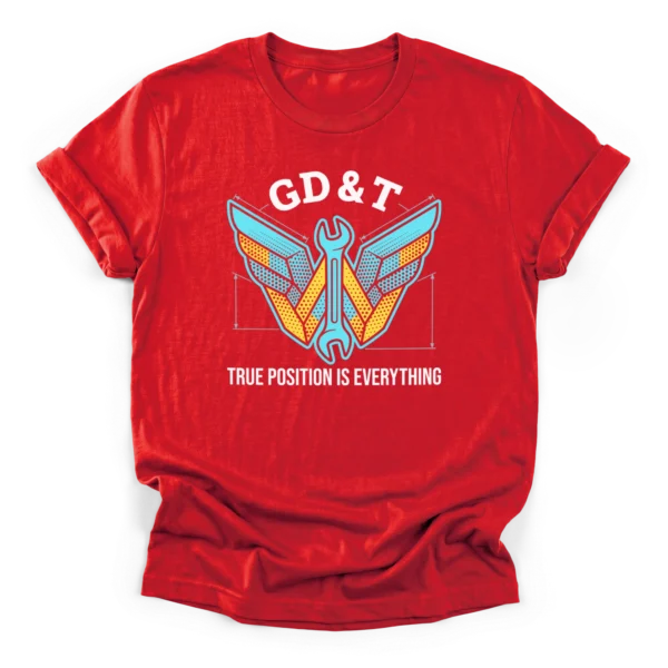 Symmetrical drafting wing graphic interlocked with a wrench featuring the text GD&T and True Position Is Everything on a Classic T-Shirt.