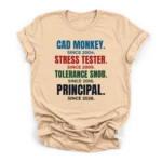Distressed typographic career stack reading CAD MONKEY, STRESS TESTER, TOLERANCE SNOB, and PRINCIPAL with respective years on a Premium T-Shirt.