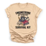 Vector illustration of an engineering student survival kit featuring coffee, calculator, calipers, and textbooks on a Premium T-Shirt.